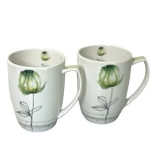Set of 2 Hankook Nano 1583 Lamour Green Coffee Mugs Floral Ceramic Cups Korea